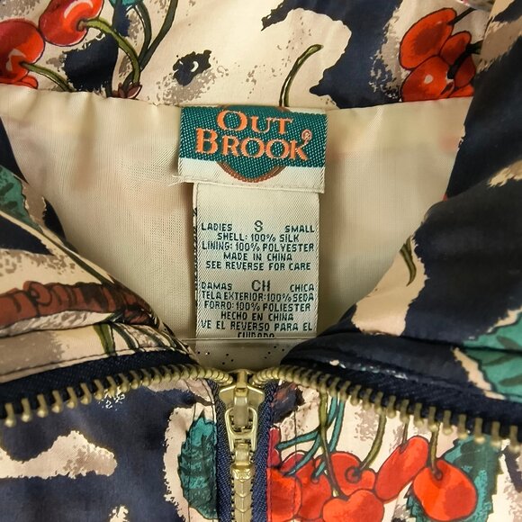 Vintage 90s Out Brook 100% Silk Jacket Cherry Print  Zip Front - Picture 2 of 5